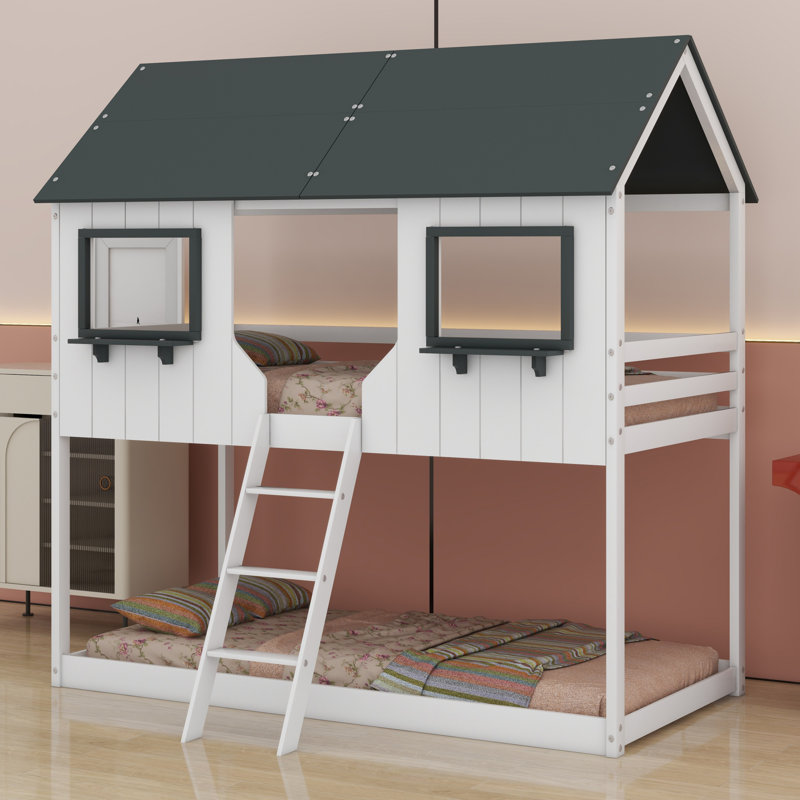 Bunk Bed With Roof, Window, Guardrail, Ladder, White/Gray