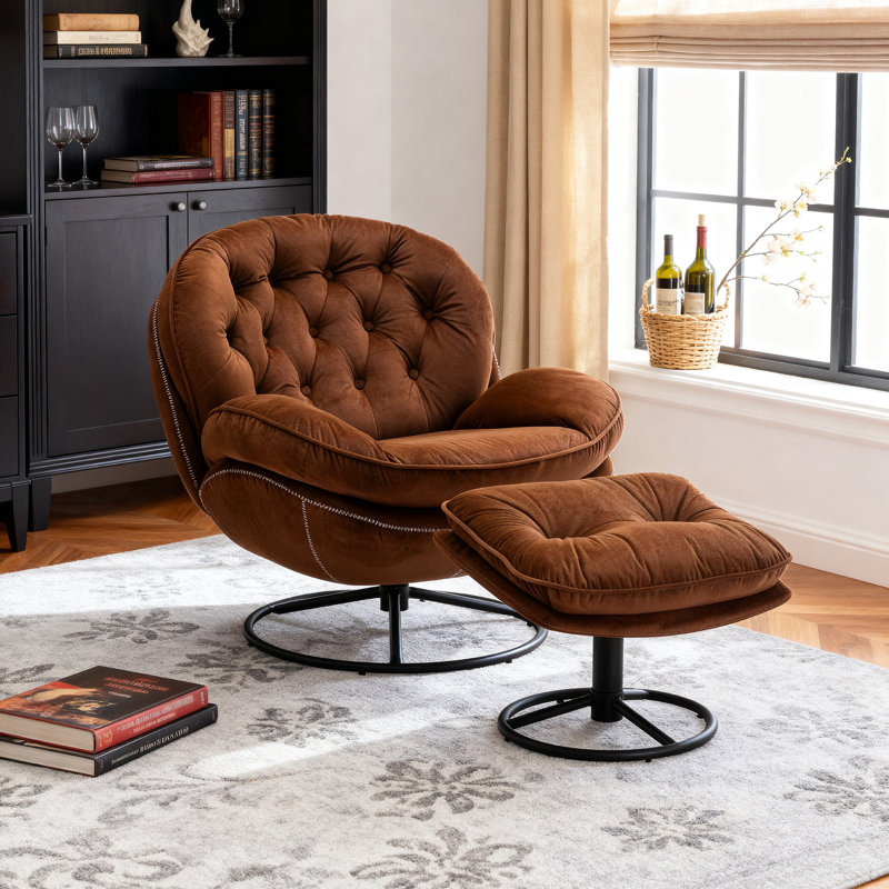 Fauteuil d'appoint avec repose-pieds Anouk, Velours brun