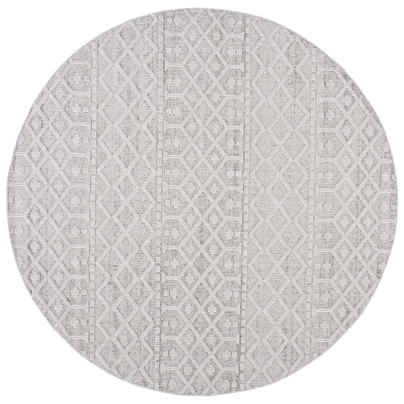 Tapis gris / ivoire en polypropylène tissé à la machine Axie, Rond 6 pi 7 po