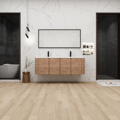 Meuble-lavabo mural 60 po avec lavabo mural 60 po avec plateau en résine blanche intégrée, portes à fermeture en douceur et armoire flottante en chêne imitation