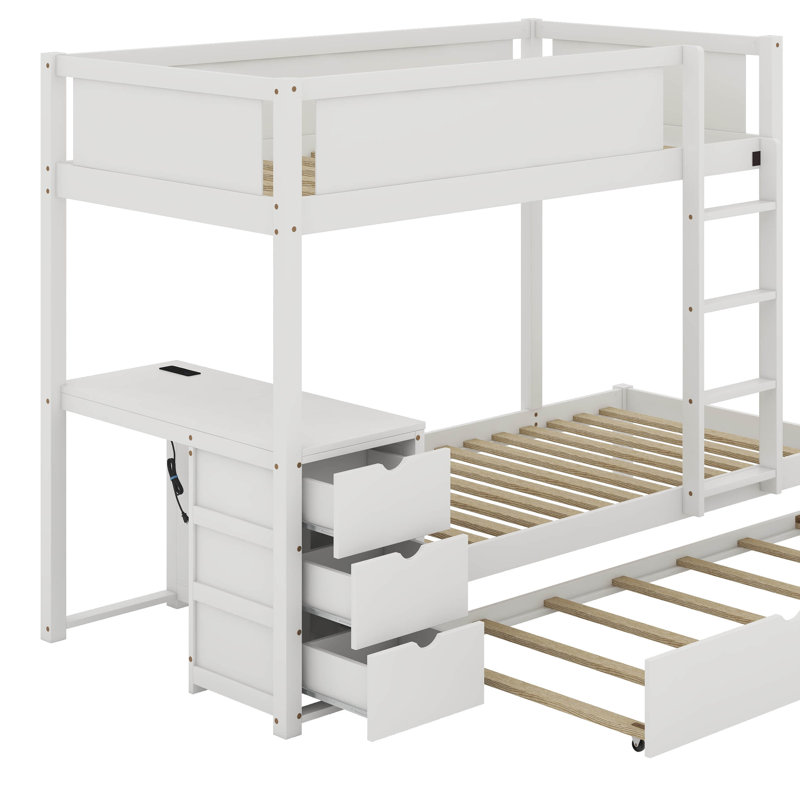 Lit superposé simple au-dessus de simple avec lit gigogne et bureau, Blanc