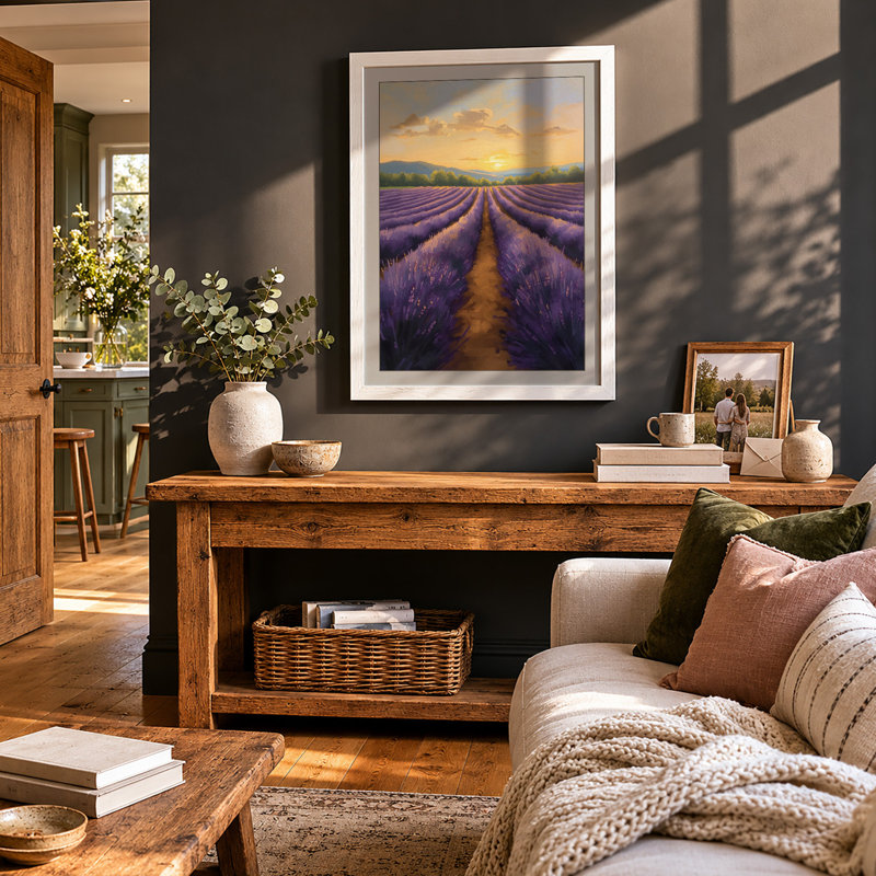 Lavender Field at Sunrise Botanical - Framed Print, A1 - 84.1 x 59.4 cm, White