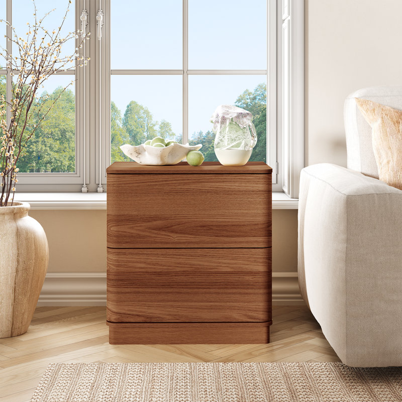 Minimalist Textured Curved Profile 2-drawer Nightstand, Walnut