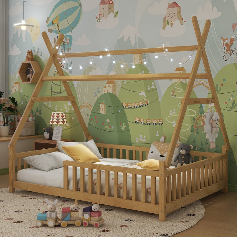 Lit double à plancher bas avec lumière, clôture et toit pour enfants garçons filles, finition bois naturel