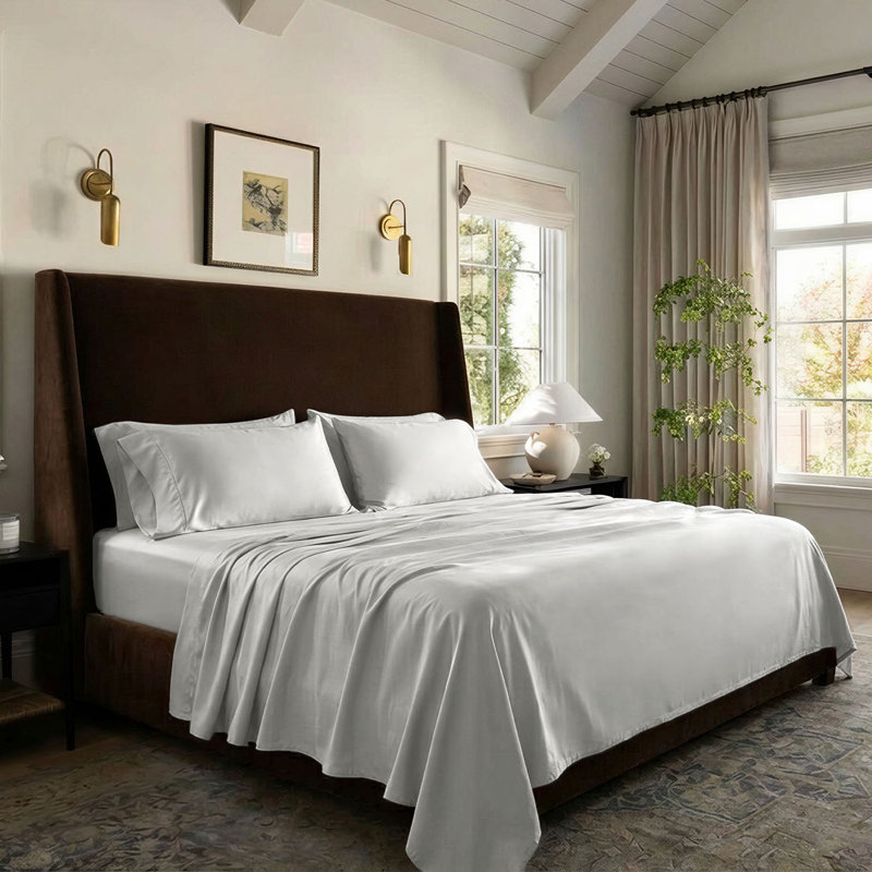 Ensemble de draps 100% coton Supima tissé 1200 fils Threadmill, Ensemble de draps pour très grand lit avec 2 taie, Gris clair