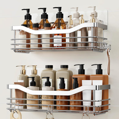 Shower Caddy Basket Shelf With 5 Hooks Adhesive Organizer Storage Rack Rustproof Wall Mounted Stainless Steel No Drilling For Bathroom, Toilet, Kitchen - 2 Pack