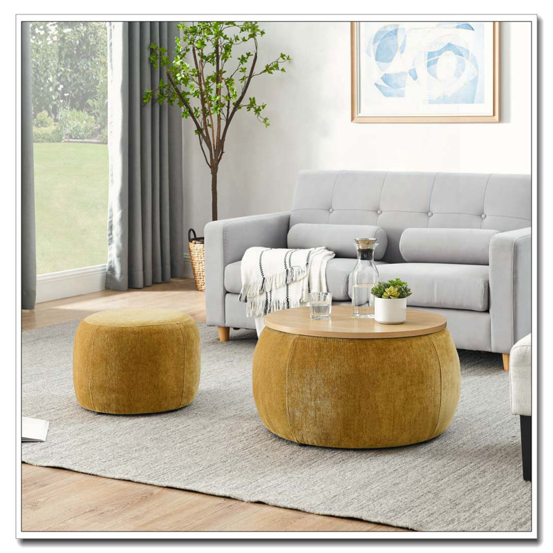 Ensemble de 2 repose-pieds ronds en chenille avec rangement et petit tabouret en forme de tambour, Jaune foncé