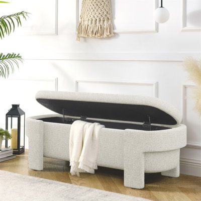Banc rembourré en lin avec grand espace de rangement pour le salon, le vestibule et la chambre à coucher, rayure beige