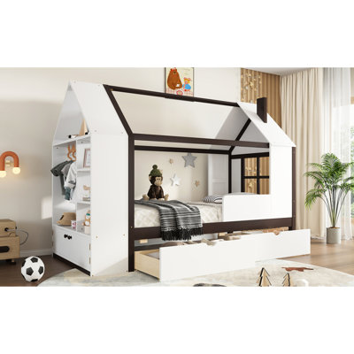 Lit plateforme simple en bois massif avec tiroirs et tablettes, blanc et chambre à coucher confortable et imaginative en bois, espace douillet organisé