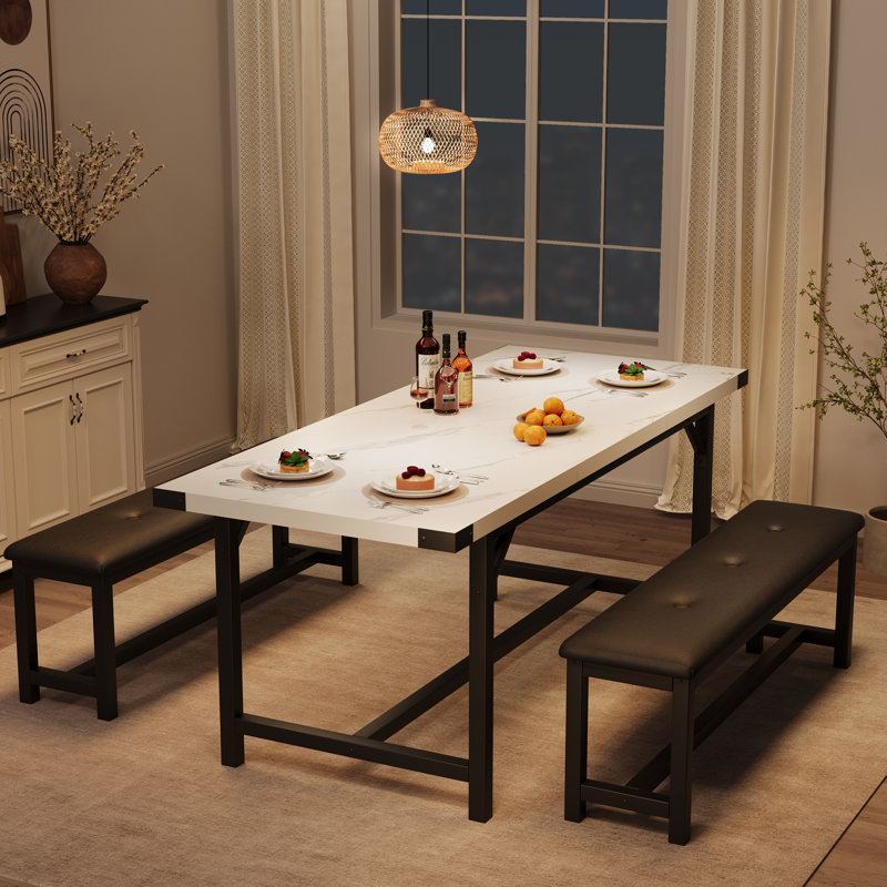Ensemble de table et de chaises de salle à manger extensibles de 160 cm pour 4 à 6 personnes, table de cuisine rectangulaire avec 2 banquettes rembourrées, gain de place, structure en métal de style industriel, idéal pour un appartement ou une salle à manger, marbre blanc