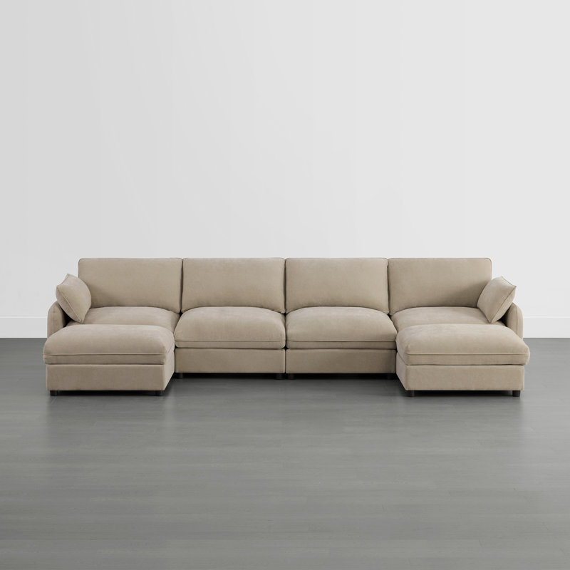 146" W 6 - Piece Modern Soft Upholstered Modular Sectional Sofa With 2 Ottomans, Khaki Polyester