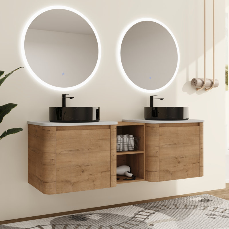 Greythor 60'' Wall-Mounted Double Bathroom Vanity With Ceramic Sink & Storage Shelves,60'' Double Bathroom Vanity Set With Engineered Stone Top