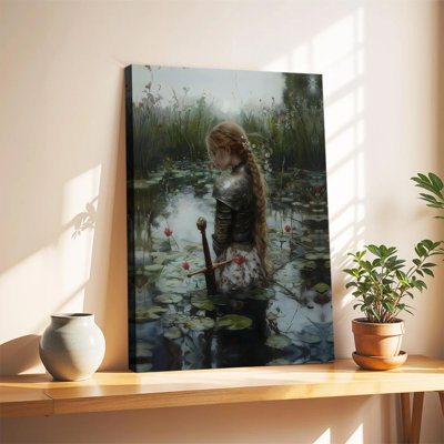 Tableau sur toile « Dame chevalier dans le lac », style Dark Academia, affiche encadrée « Femme chevalier médiévale fantastique », prête à accrocher.