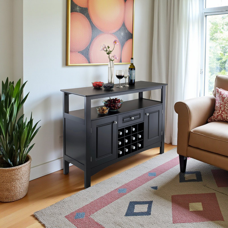 Eustice 12-Wine Holder Black Finish Buffet Cabinet, 31.92" H X 45.62" W X 15.61" D