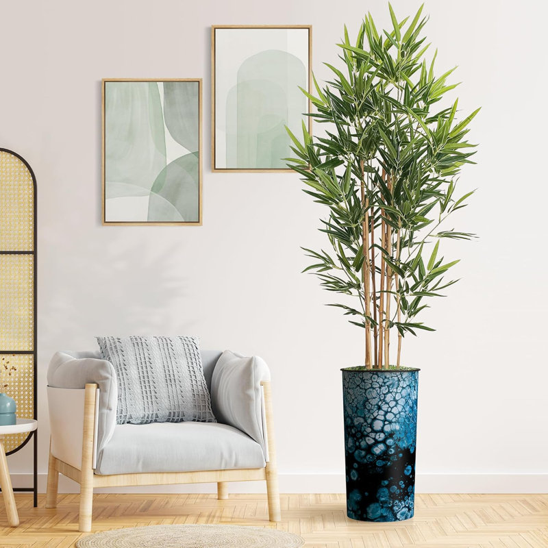 Artificial Tree in Contemporary Planter Fake Bamboo Silk Tree (Plant Pot Plus Tree), Abstract Navy