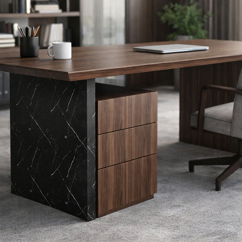 Bureau à domicile avec classeur mobile noir et noyer (59,8 po), Tanné, H 29,5 po x l 59,8 po x P 31,5 po