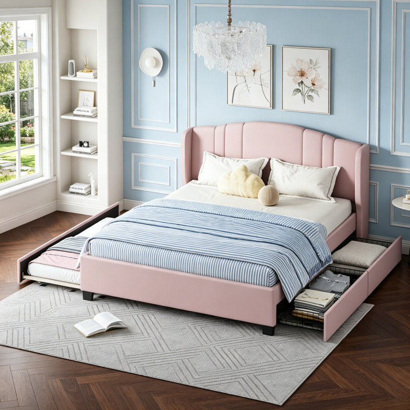 Upholstered Platform Bed With Wingback Headboard, Twin Trundle, And 2 Drawers, No Box Spring Needed, Linen Fabric, Queen Size
