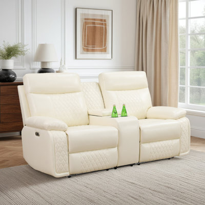 Canapé inclinable double 73,5 po avec rangement et éclairage DEL - Cuir semi-polyuréthane blanc cassé, ports USB et porte-gobelets