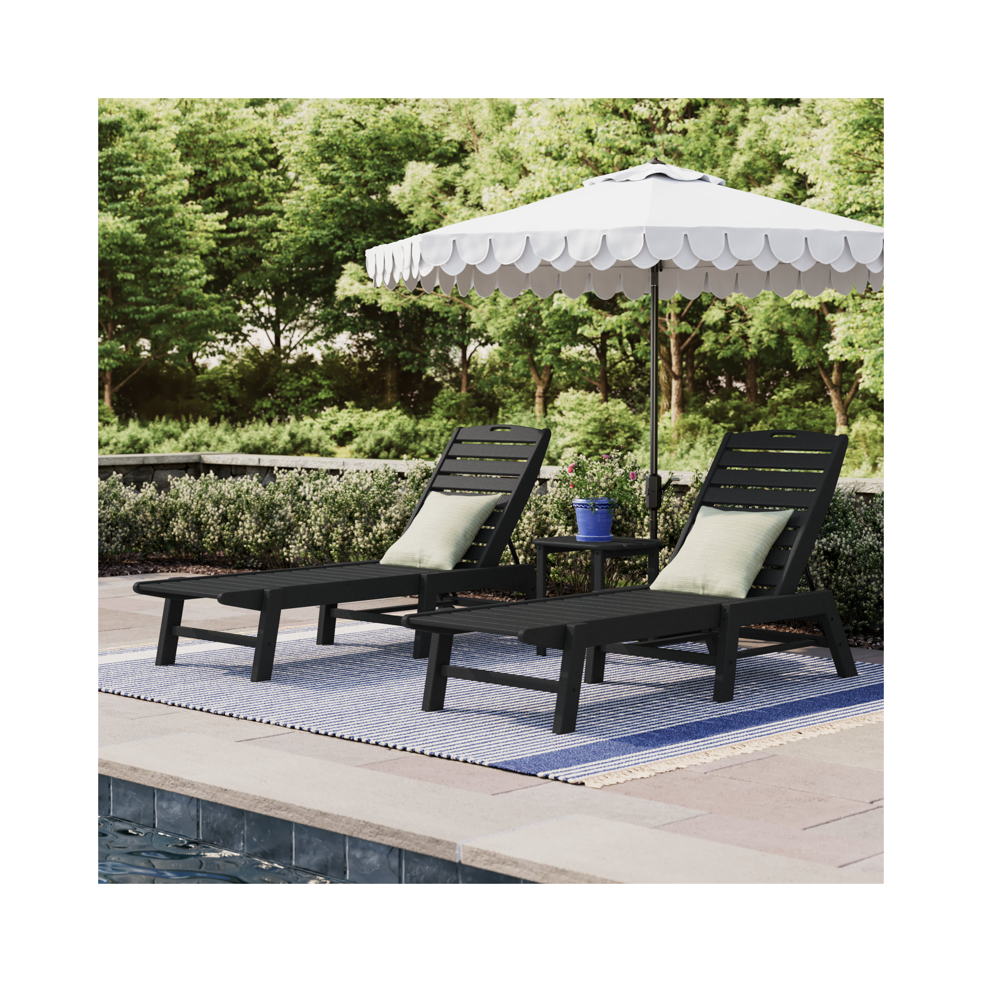 Nautical 3-Piece Chaise Lounge Set with South Beach 18" Side Table, Black