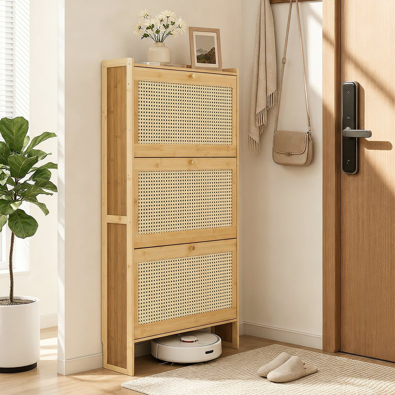 5-Tier Shoe Cabinet For Entryway, Rattan Shoes Storage Cabinet Narrow Organizer With 2 Flip Drawers, Brown