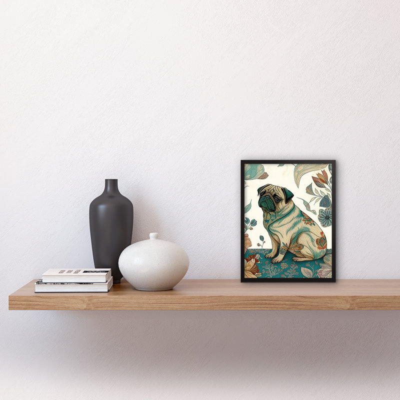 Pug Dog With Floral Patterns Vintage Inspired Multicoloured Linocut - Single Picture Frame Print