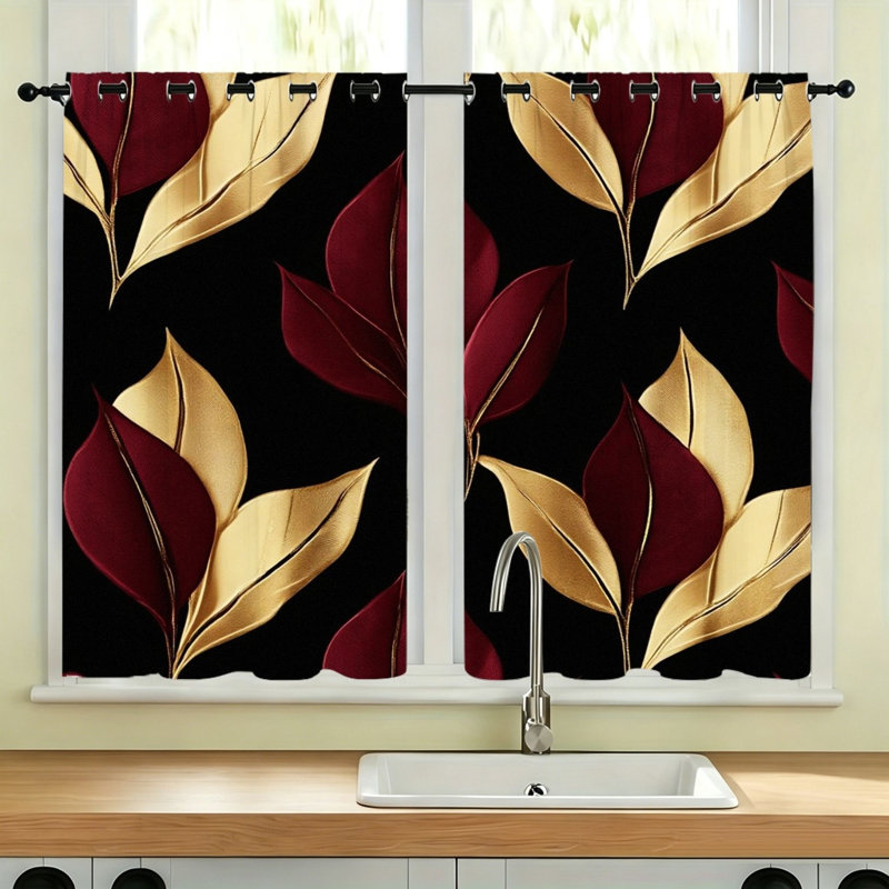 2Pcs Luxurious Leaf Print Blackout Curtains, Elegant Burgundy and Golden Pattern for Living Room Bedroom Home Decor, Thermal Insulated Noise Reducing Room Darkening Window Drapes