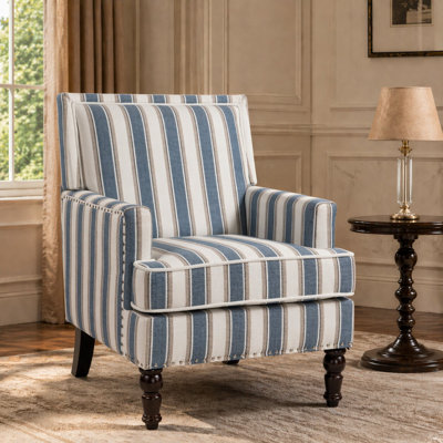 Chaise d'appoint rembourrée, fauteuil vintage avec tissu en lin rayé bleu et blanc et garniture cloutée pour le salon