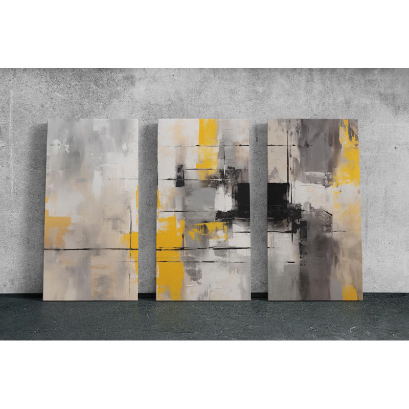 «Triptych Canvas Wall Art», ensemble de toiles abstraites grises, jaunes et noires - art mural moderne pour la décoration de salon, la reproduction de peinture