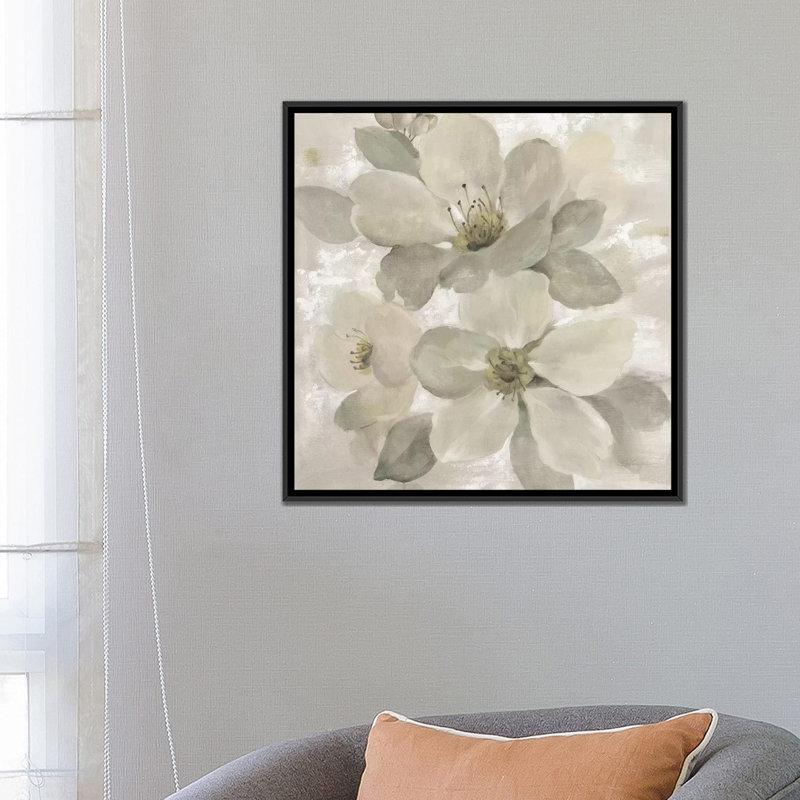 " White On White Floral I " by Silvia Vassileva, 18" H x 18" W x 1.5" D, Black Framed Canvas