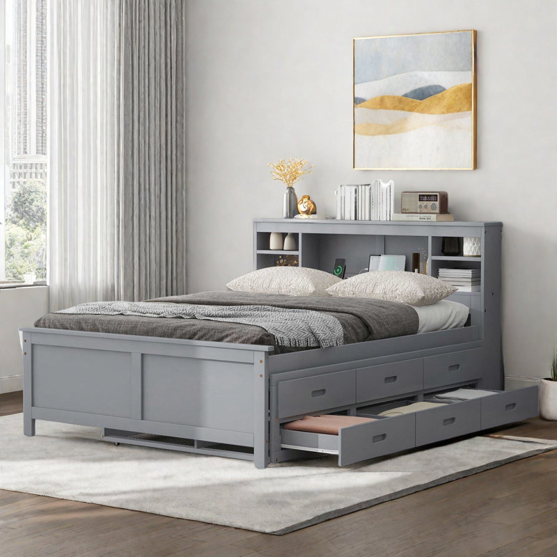 Lit plateforme avec lit gigogne, 3 tiroirs, tête de lit et prises USB, Gris