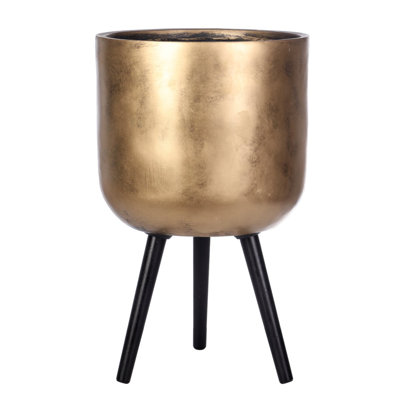 Metallic Concrete Effect Cylinder Round Planter on Hardwood Legs, Round Indoor Plant Pot Stand for Indoor Plants, Indoor Flower Pot