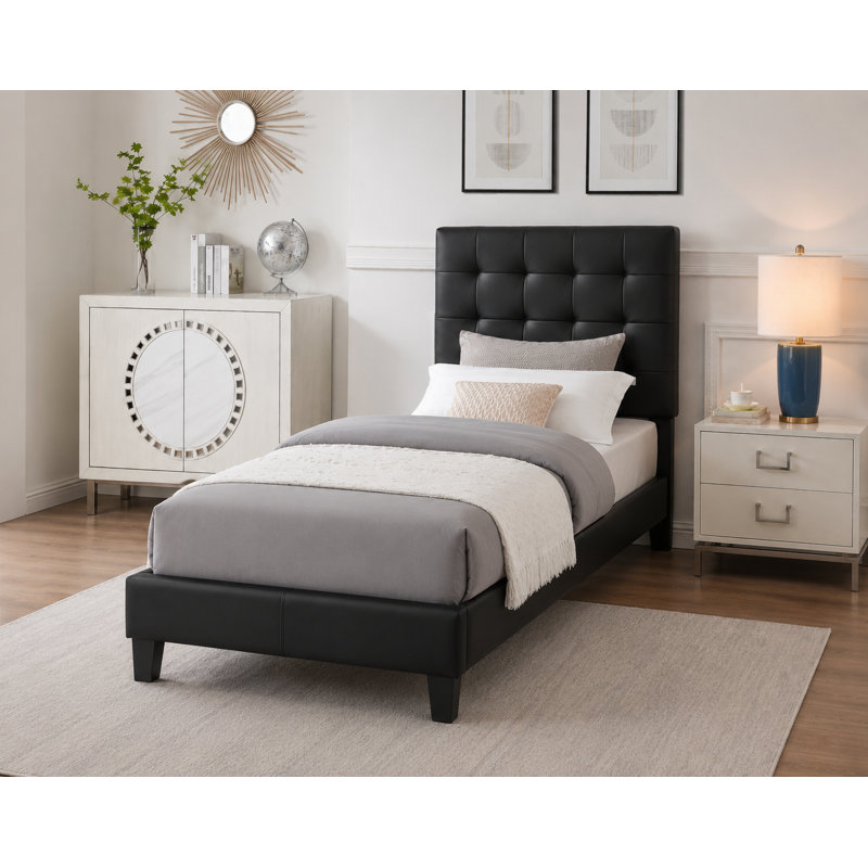 Lit plateforme tapissier contemporain avec tête de lit ajustable, lit en similicuir, noir, simple, Lit simple, Noir