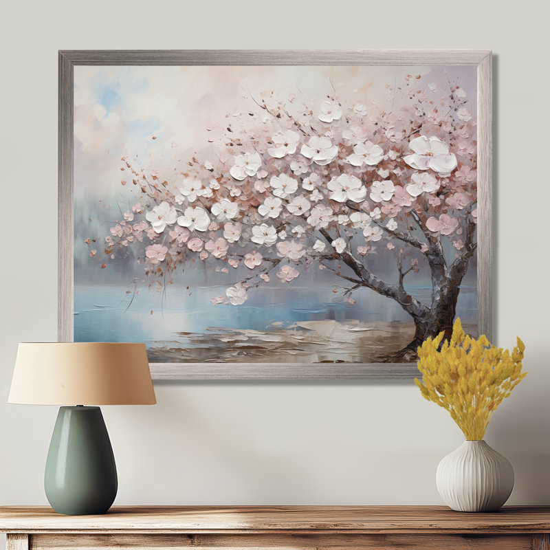«Pink and Grey Cherry Blossom Charm I», art mural encadré de fleurs, Cadre simple argenté, H 34 po x l 44 po x P 1,5 po
