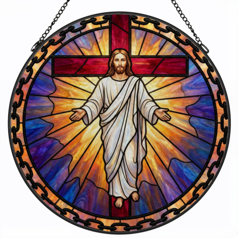 7.8"H Jesus Cross Stained Glass Window Panel, 7.8" H x 7.8" W