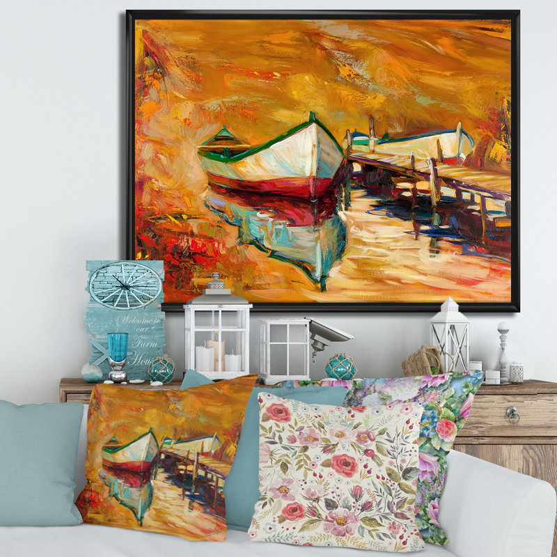Bateaux blancs et rouges près de la jetée - Peinture sur toile, H 16 po x l 32 po x p 1 po, Cadre flottant noir