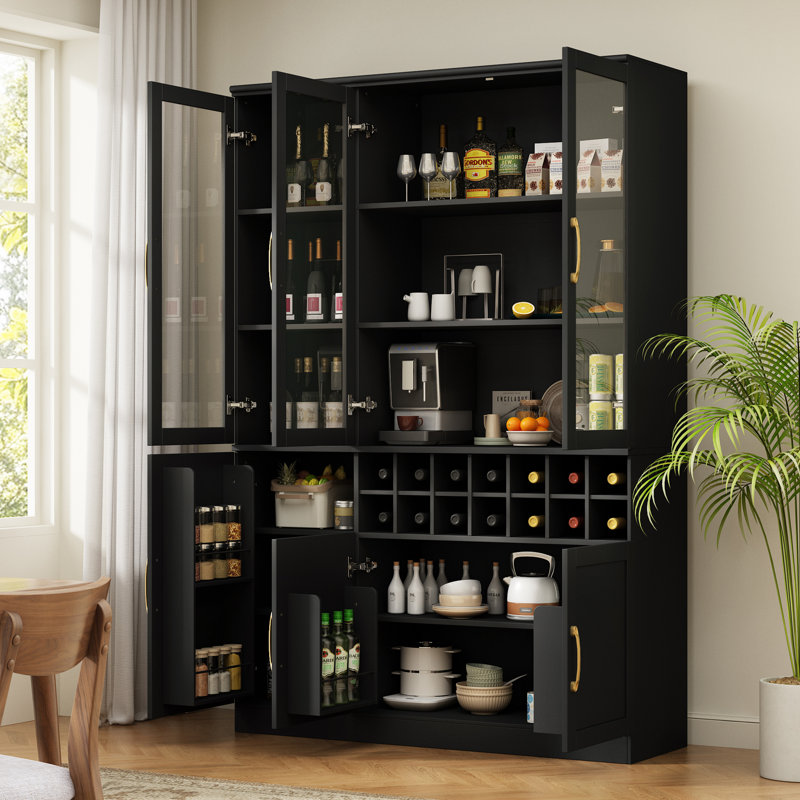 Meuble-bar à vin moderne de 180 cm de haut avec portes vitrées et casier à bouteilles amovible, meuble bar à café, Noir