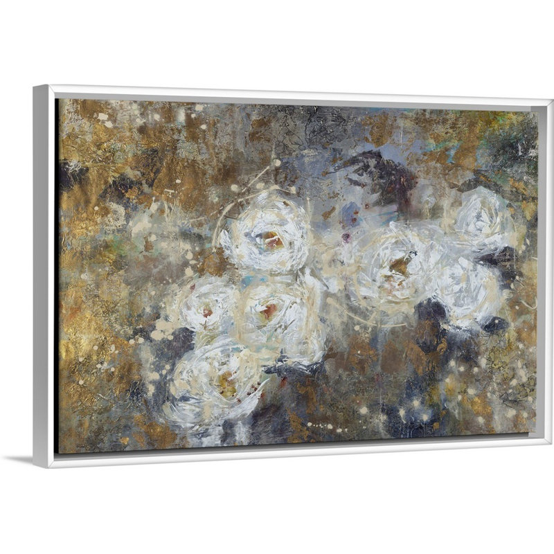 « golden fleurings », peinture sur toile, H 17,7 po x l 25,7 po x p 1,75 po, Cadre flottant blanc