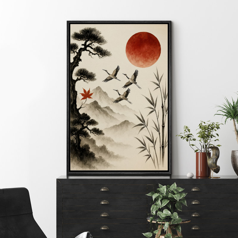 «Red Sun with Flying Cranes and Bamboo in Asian-Inspired Landscape», reproduction d'art sur toile encadrée