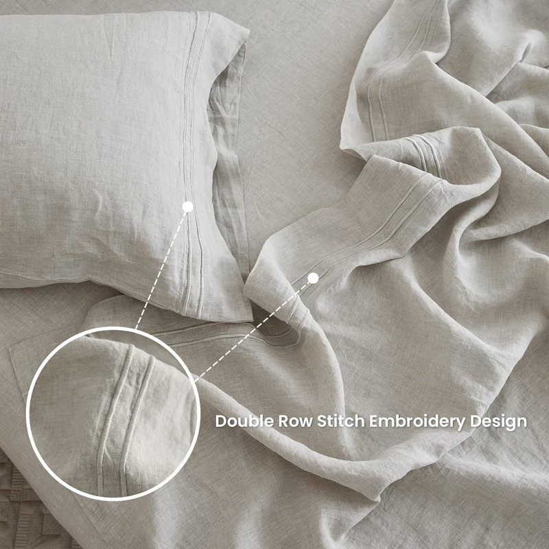 109% Linen Sheet Set, King Sheet Set with 2 Pillowcases, Embroidery Linen