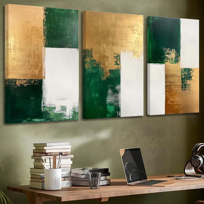 3 Pcs Emerald Green Canvas Wall Art Modern Luxury Abstract Minimalist Neutral Green Gold Paintings Pictures Wall Decor Poster Print Artwork For Living Room Bedroom Office