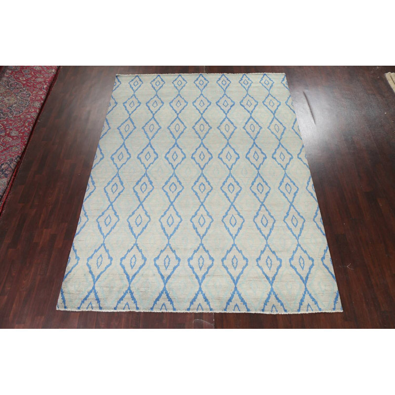 Tapis gris / gris anthracite / bleu en laine noué à la main de conception unique 8 pi 11 po x 11 pi 10 po