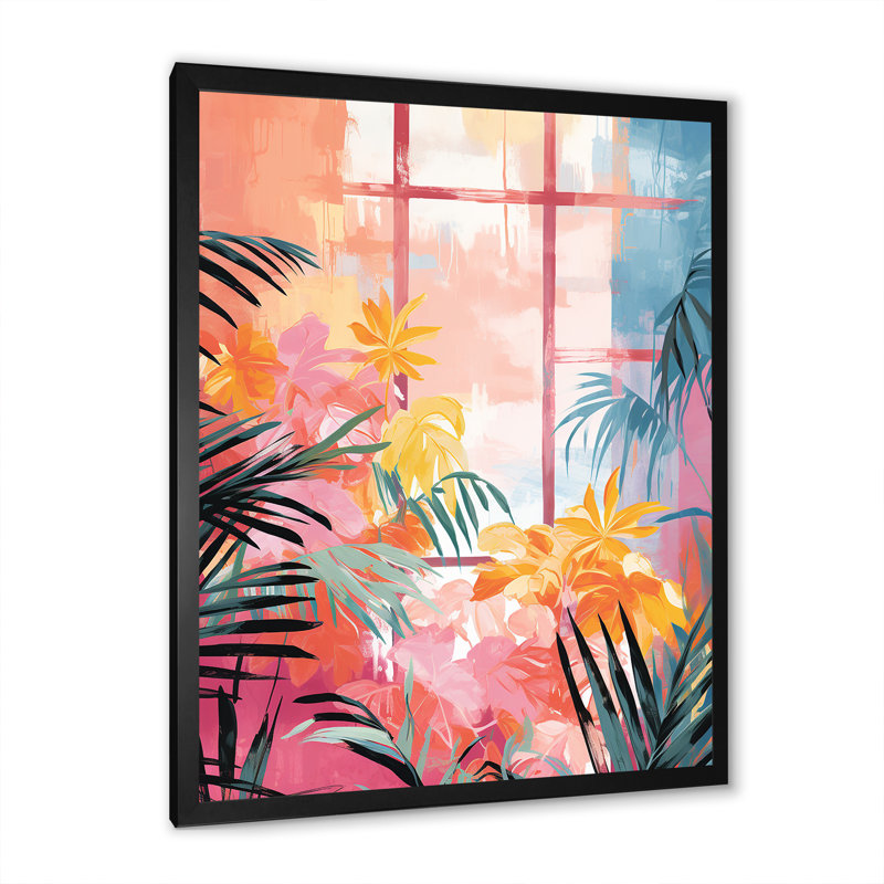 «Pastal Color Tropical Windows View 1 - Abstract», art mural floral, H 40 po x l 30 po x P 1,5 po, Cadre simple noir