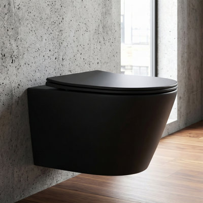 Toilette suspendue au mur noir mat moderne - technologie de chasse sans rebord, conception murale peu encombrante, siège à fermeture en douceur