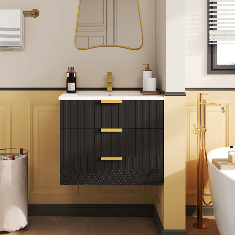 Armoire murale suspendue 24 po avec tiroir double, petit lavabo de salle de bain rectangulaire flottant avec trou de robinet simple et trop-plein