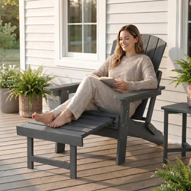  HDPE Outdoor Folding Adirondack Rocking Chair With Retractable Ottoman, Gray