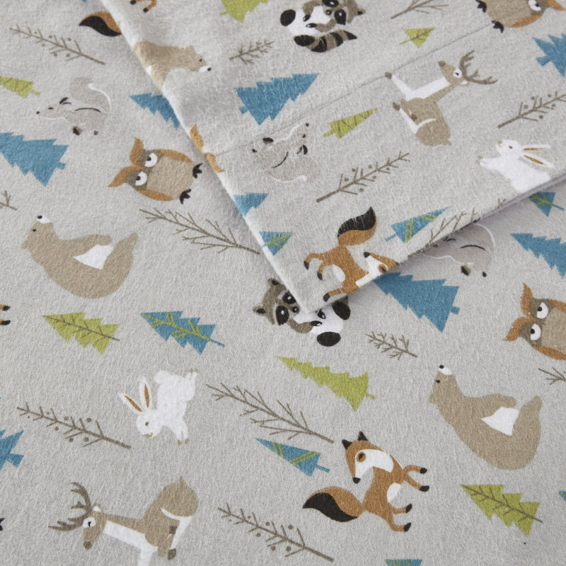 Cozy Flannel 100% Cotton Sheet Set, King Sheet Set with 2 Pillowcases, Multi Forest Animals