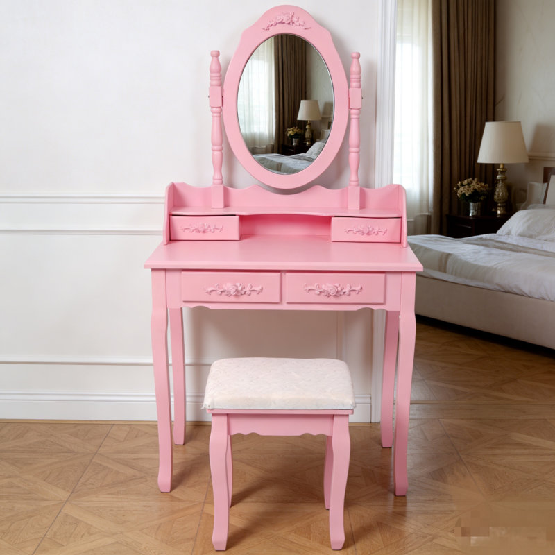 Ensemble de coiffeuse avec miroir et tabouret rembourré Pink Princess, Rose