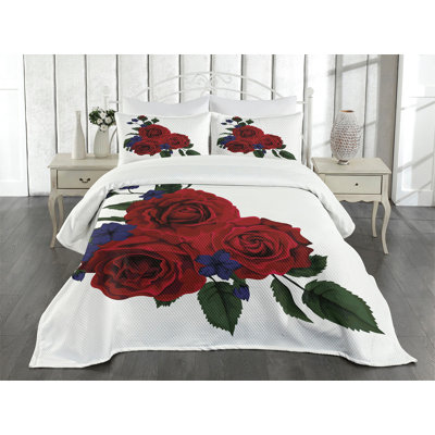 Ambesonne Rose Bedspread Set 3 Pcs Red Bloom Gentle Florets Queen Hunter Green Violet Blue -  bed_43124_queen