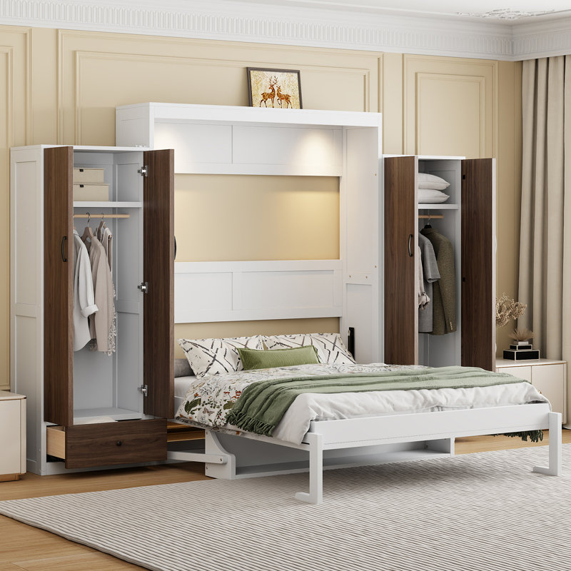 Lit escamotable double pleine grandeur avec placard, tiroirs et table, blanc, Lit double