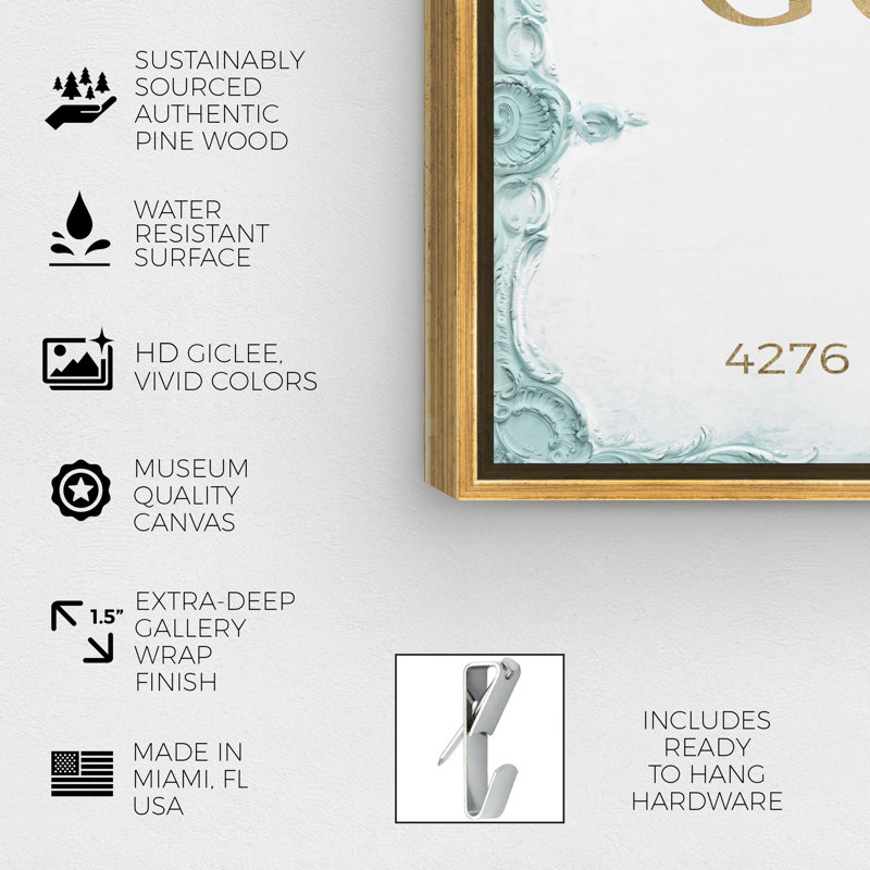 «Milan Sign Aqua», art textuel sur toile, Encadrement doré, H 20 po x l 30 po